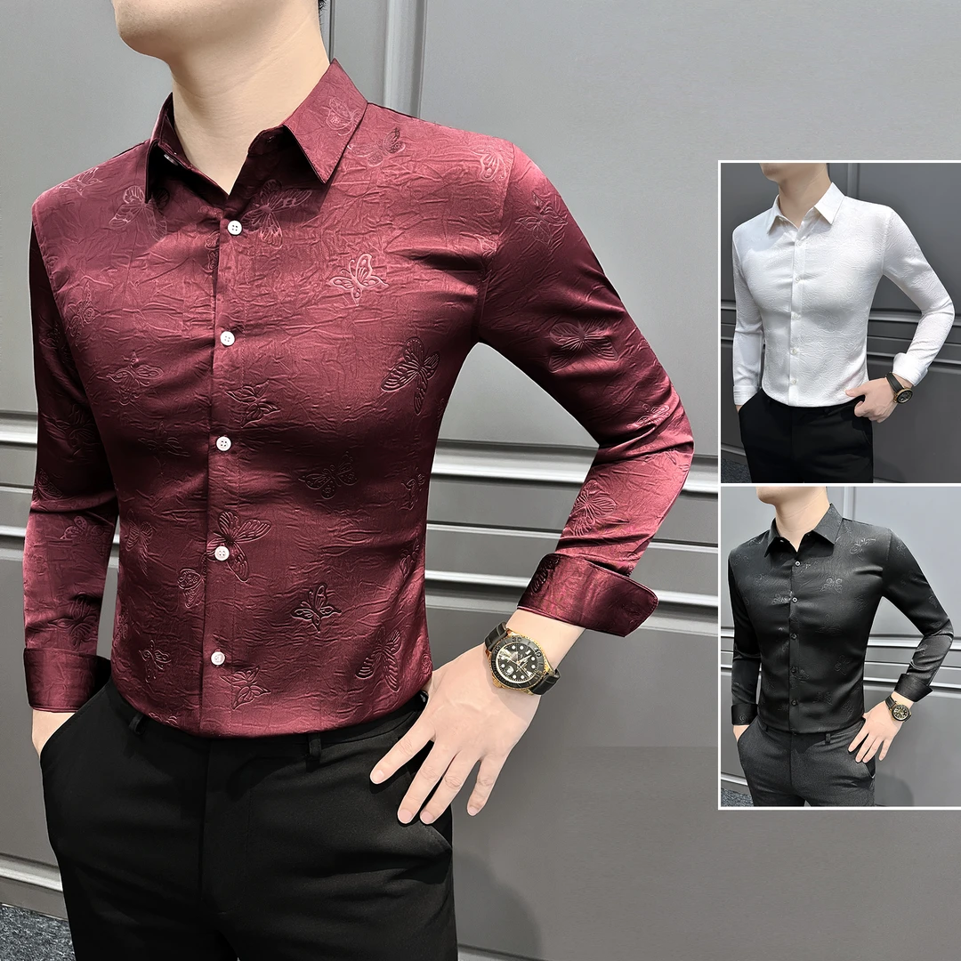 蝴蝶花衬衫男款长袖秋季网红洋气炸街男装焊韩版修身长袖男士衬衣