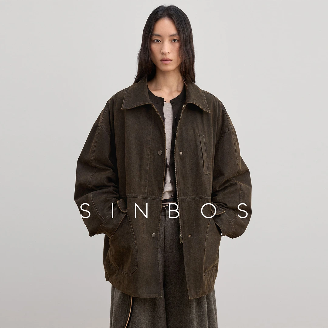 SINBOS沿海公路 水洗翻领工装白鸭绒中长款羽绒服女2025冬季新款