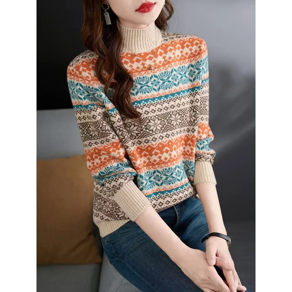 【暖彩】秋冬季新款时尚百搭半高领提花针织上衣304打底衫