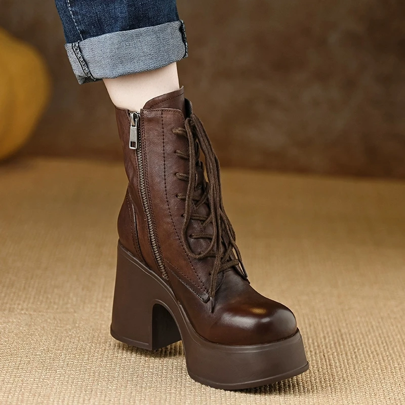 AACCK手工女鞋10cm短靴系带防水台欧美粗跟头层牛皮女高跟鞋棕色