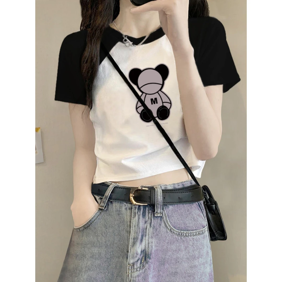 新款女装卡通减龄上衣洋气设计感短款夏显瘦插肩短袖t恤女