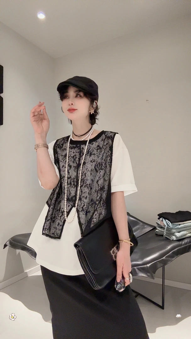 FANYE 2025春夏新款设计感假两件蕾丝拼接T恤25159