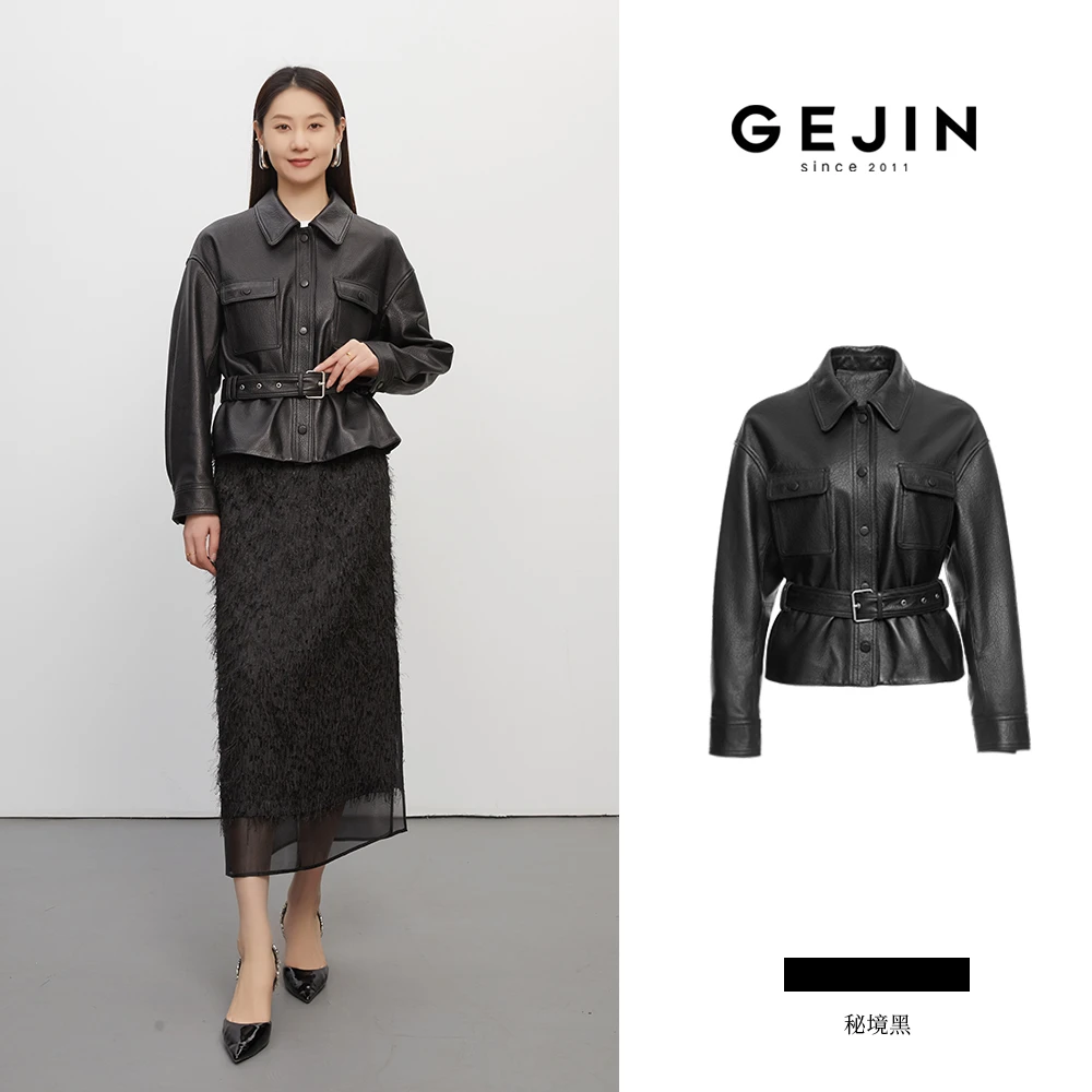 GEJIN/歌锦时尚新款设计极简风方领气质皮衣秋冬夹克9332570446