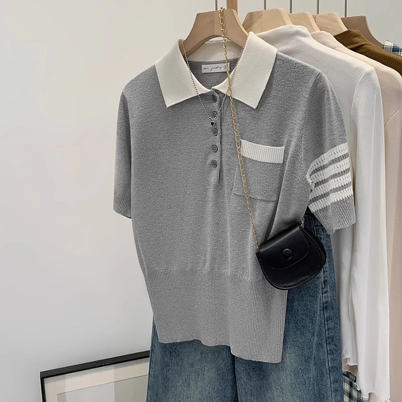 韩系学院风翻领polo衫短袖针织衫女2025夏季新款ins超好看t恤上衣