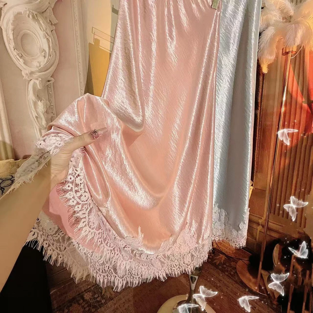 【崔】落日人鱼湾 B0051蕾丝拼接缎面半身裙春季显瘦高级a字长裙