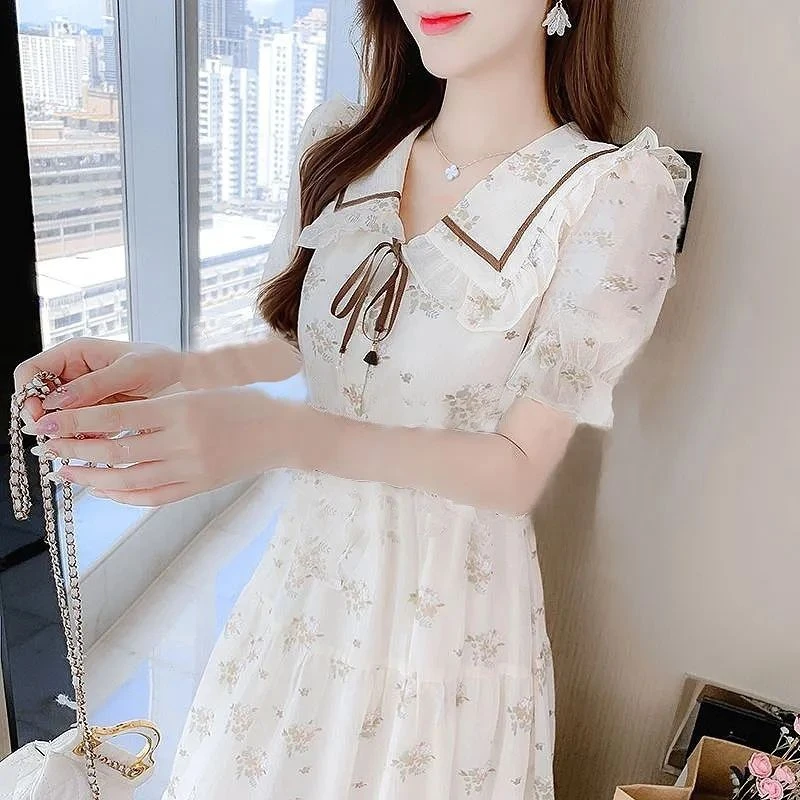 斜肩中连衣裙复古夏季连衣裙时尚娃娃领法式气质温柔长袖连衣裙
