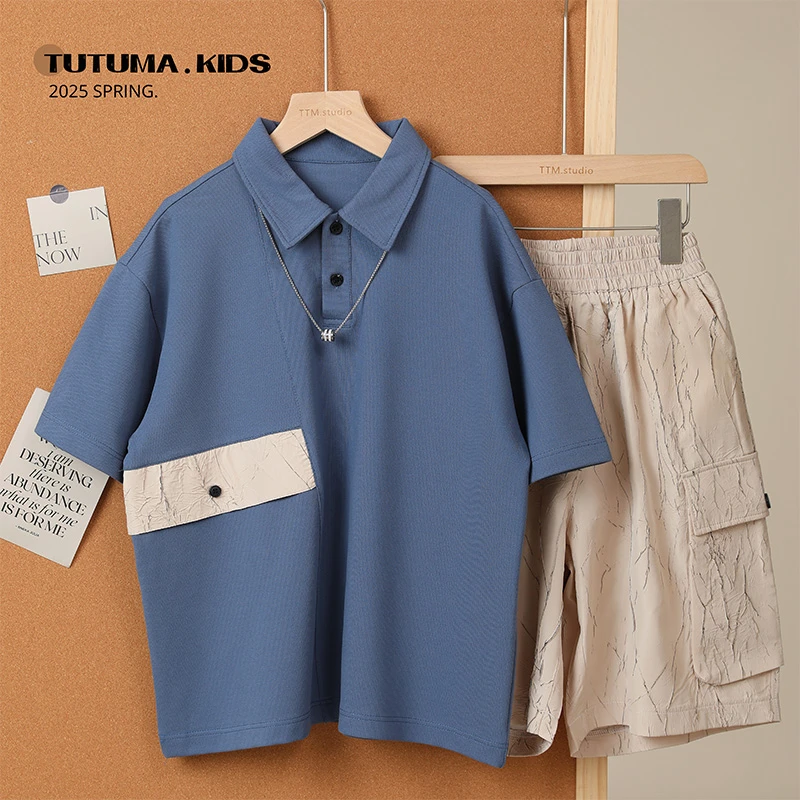 图图妈【中式拼接 亲子】男女童POLO衫短袖五分裤套装中大童两件套