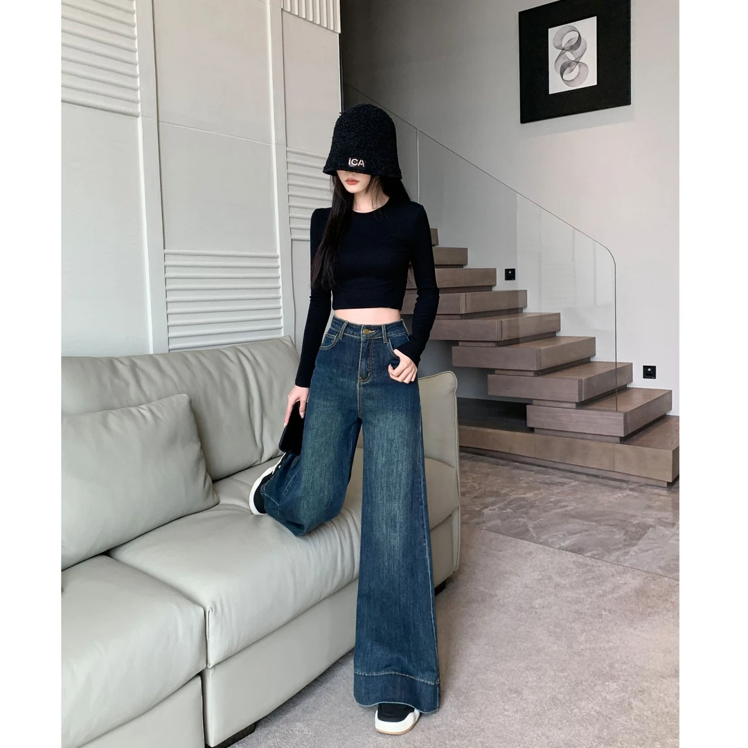 高腰薄款牛仔裤港风复古拖地女裤春季春游显瘦百搭春装阔腿裤