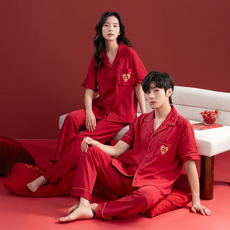 新款夏天纯棉结婚情侣睡衣新娘红色薄款本命年短袖男女家居服套装