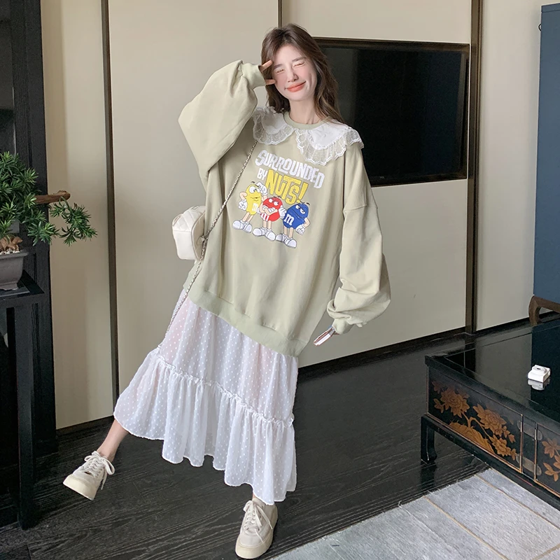 早春娃娃领卫衣裙女2025春季假两件网纱拼接蕾丝领卡通卫衣连衣裙