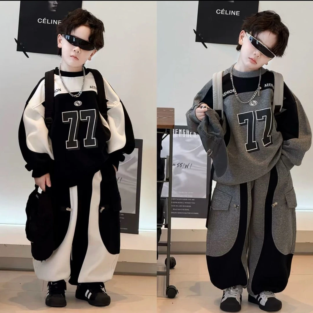 儿童韩版套装2025新款美式机车风拼接卫衣百搭休闲裤子两件套潮M6