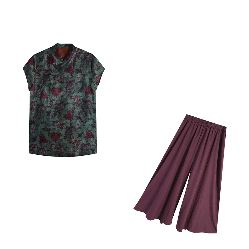 五季家/【青山远黛】新中式国风复古绿色上衣套装+ZL107229裙裤短袖