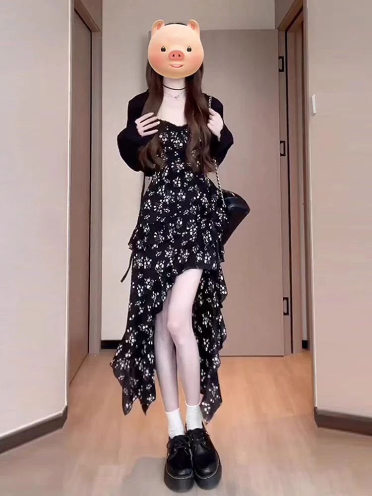 萌萌【纯欲碎花】不规则吊带连衣裙新款时尚气质收腰显瘦长裙2852