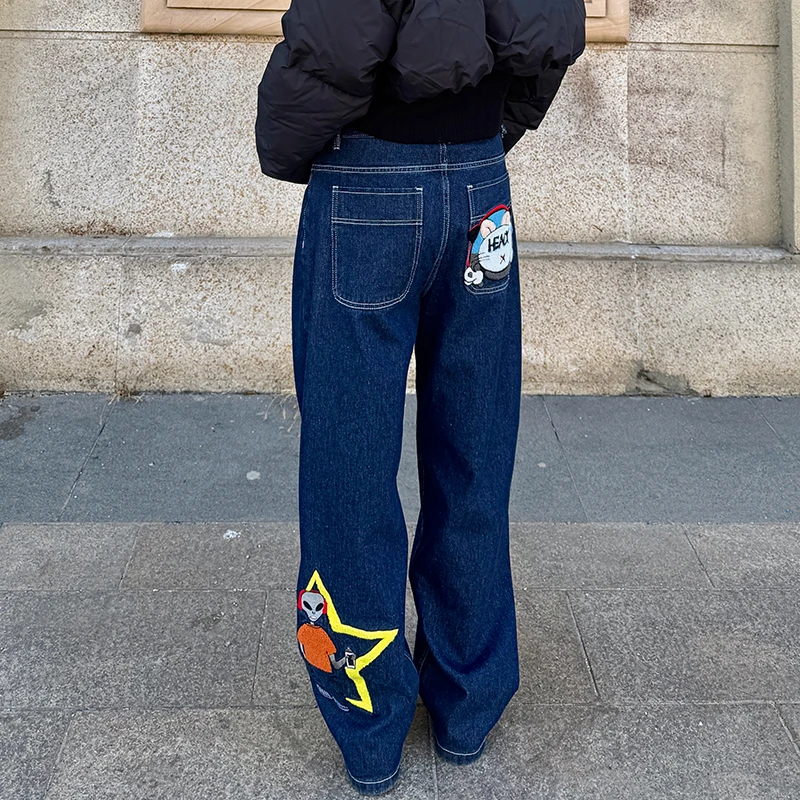 高档刺绣牛仔裤女2025年新款春秋时尚潮流直筒阔腿裤宽松潮牌裤子