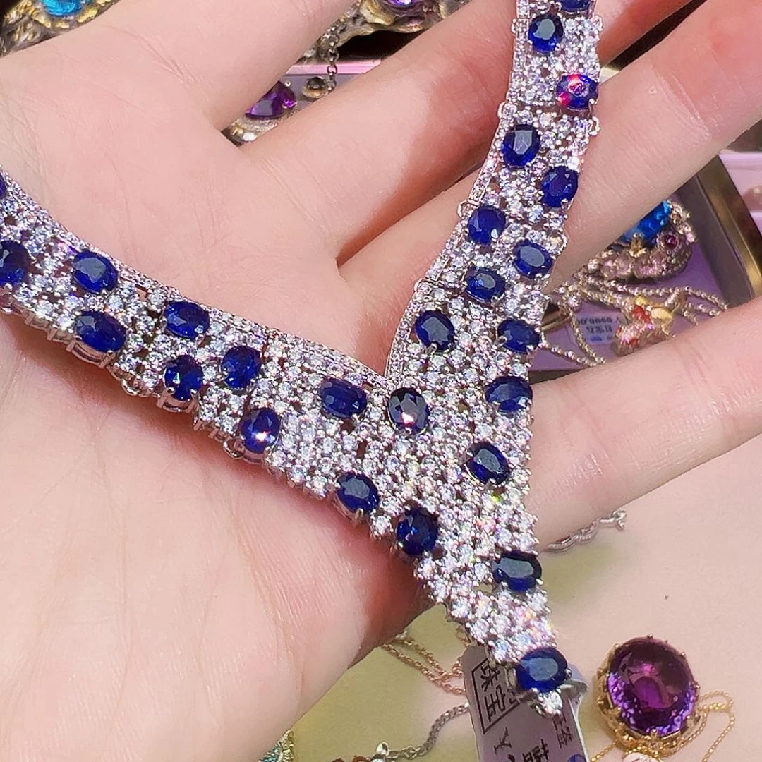 蓝宝石套链银S925镶嵌