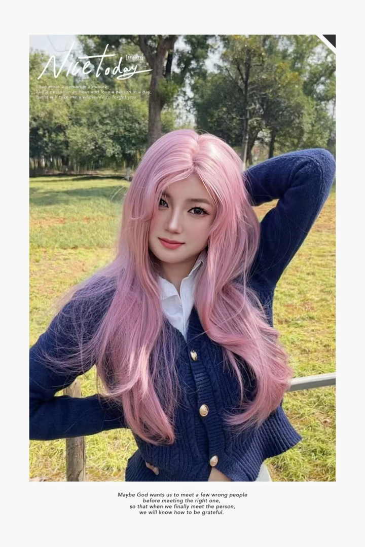 全发套可爱无刘海粉色大波浪仿真全头套假发