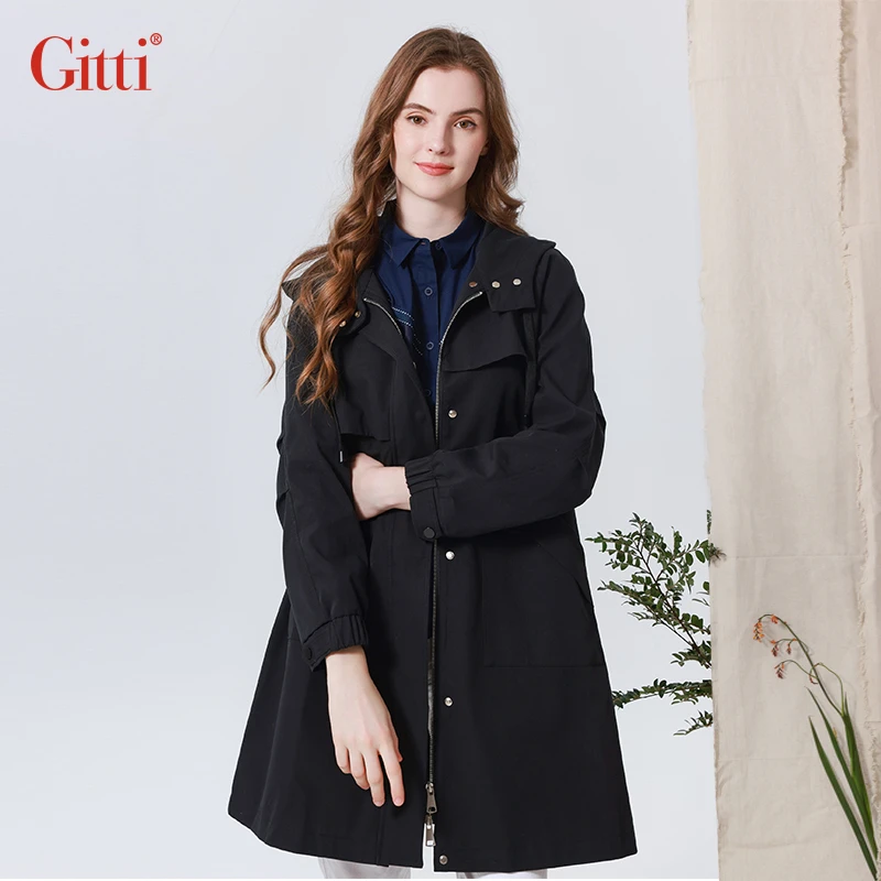 Gitti/吉蒂风衣外套女中长款连帽英伦风休闲宽松大衣G235565