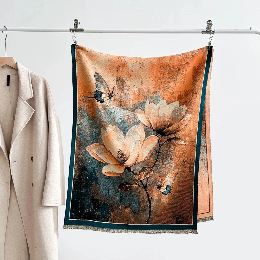 2025冬季新款油画风复古花卉双面双色围巾披肩