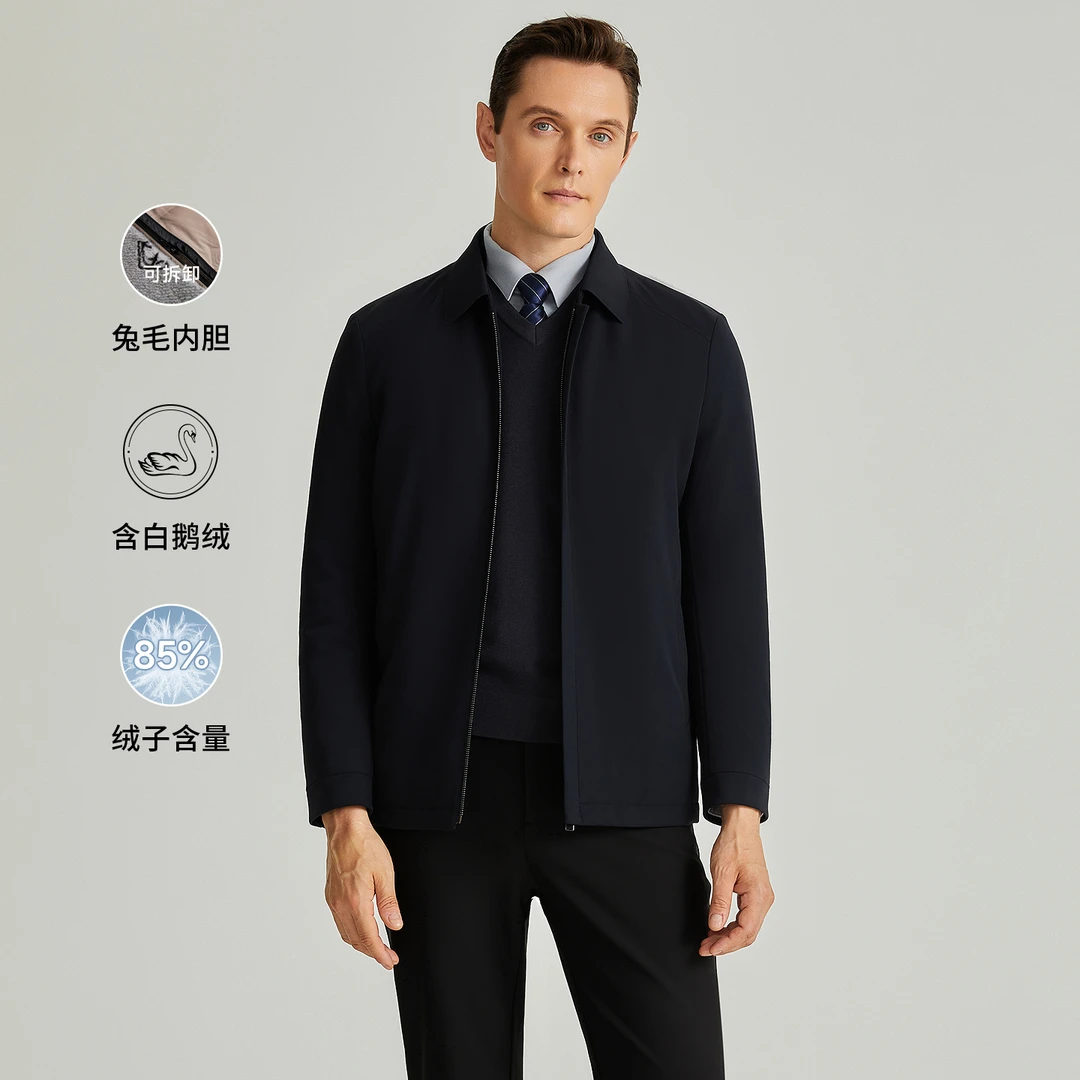 Satchi沙驰冬季可拆卸兔毛内胆白鹅绒男士夹克羽绒服恒温保暖外套
