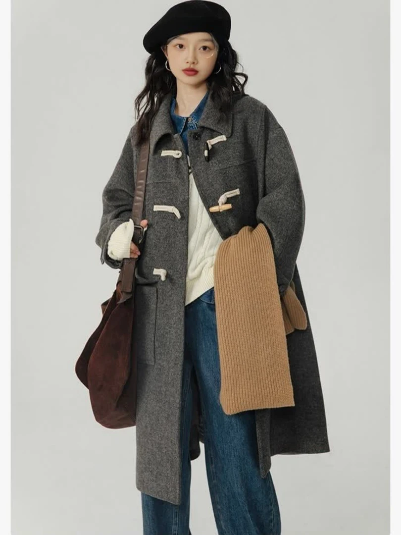 灰色加厚中长款羽绒服大衣冬季新款小个子牛角扣羽绒内胆毛呢外套