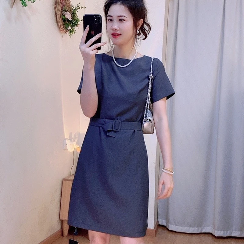 精致优雅圆领小个子连衣裙女夏季显高显瘦气质日常收腰裙B2328