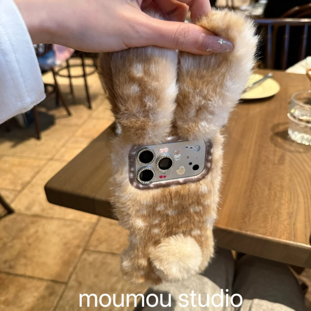 可爱鹿毛绒兔耳朵适用于苹果17promax手机壳16保护套15pro软1413