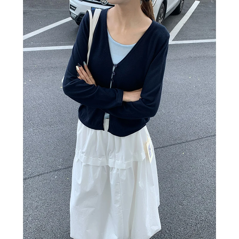 1CoMo 新款秋季羊毛桑蚕丝混纺韩版设计感拼色假两件针织衫9665