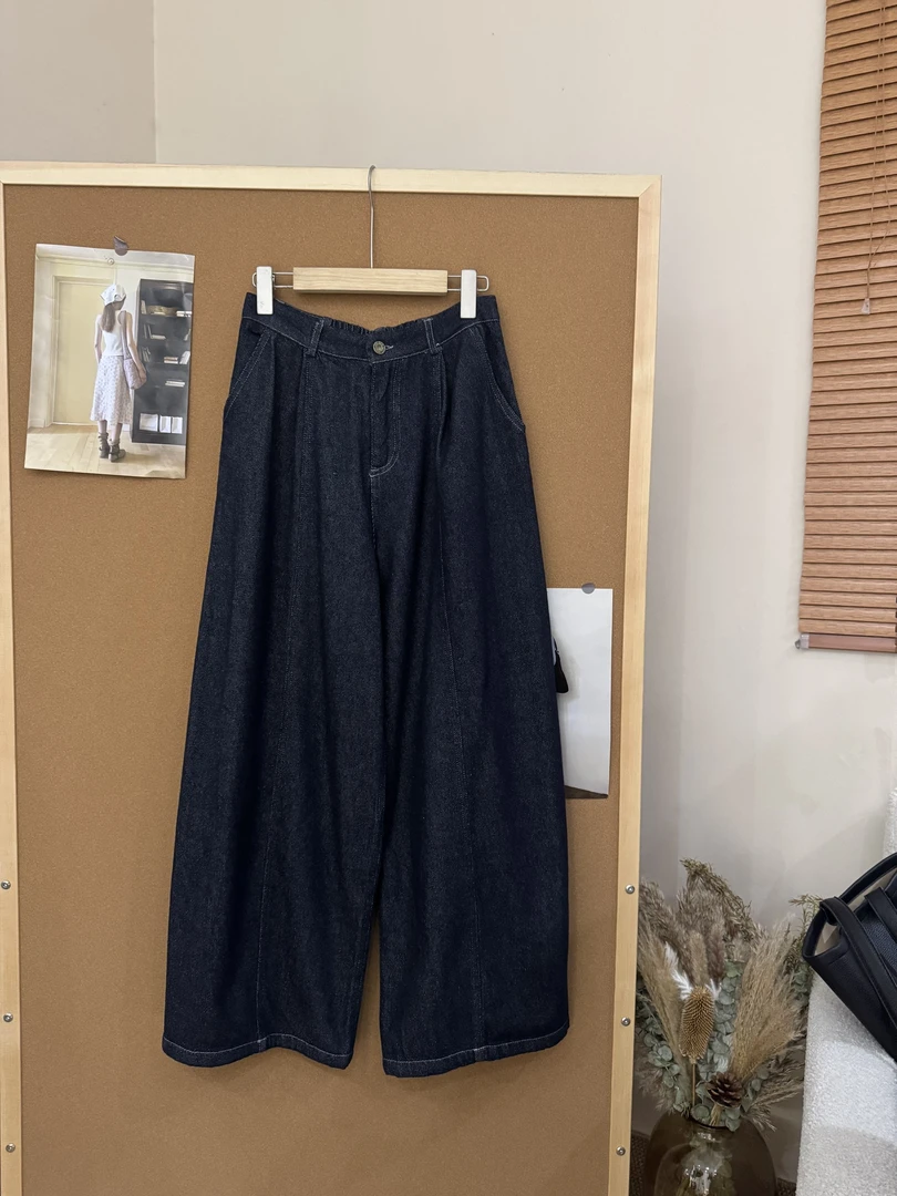 2025冬季新品复古港风ins潮时尚松紧腰百搭显瘦抓绒牛仔阔腿长裤