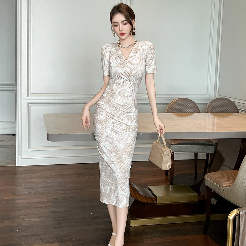 【香香定制】夏季新款气质V领修身印花显瘦连衣裙21324