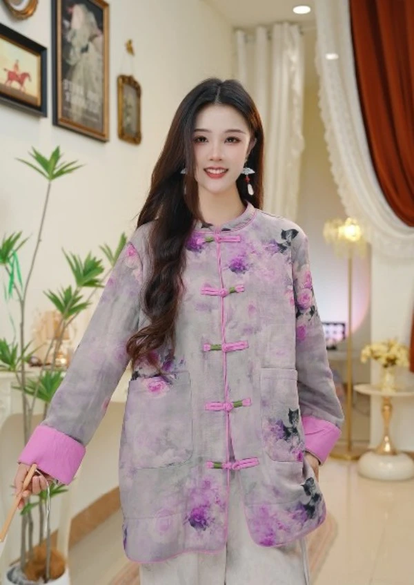 印花新中式短外套立领中国风长袖外套染色上衣女开襟