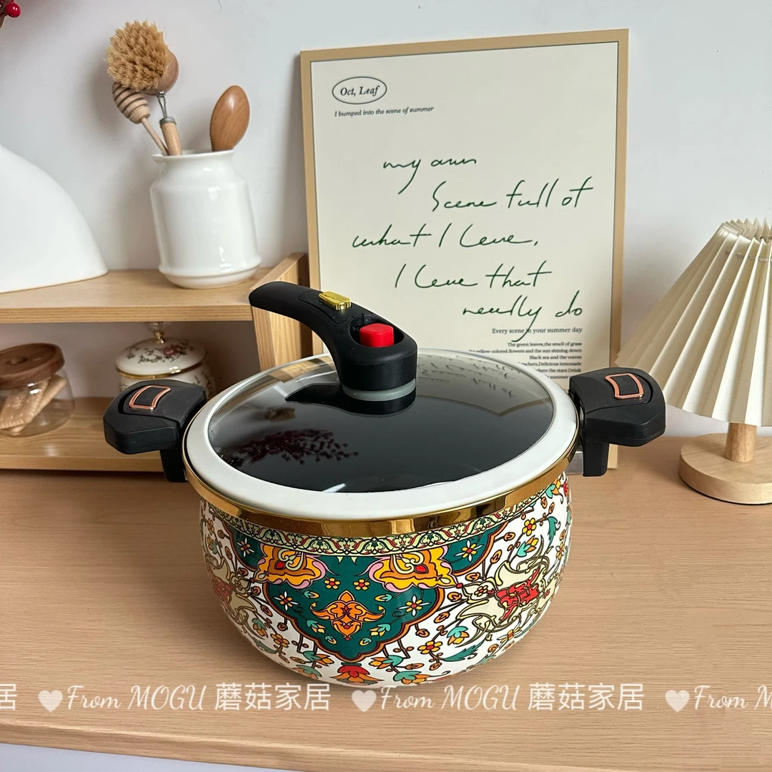 蘑菇家居俄罗斯微压锅珐琅搪瓷大容量家用加厚双耳炖锅汤锅燃气灶