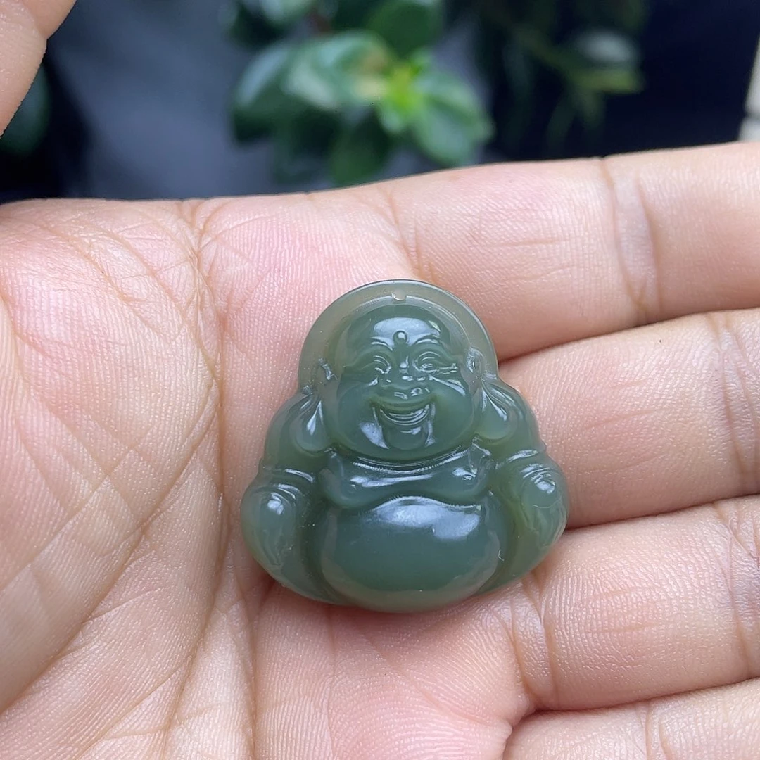 和田玉未镶嵌挂件30mm湖水绿弥勒佛