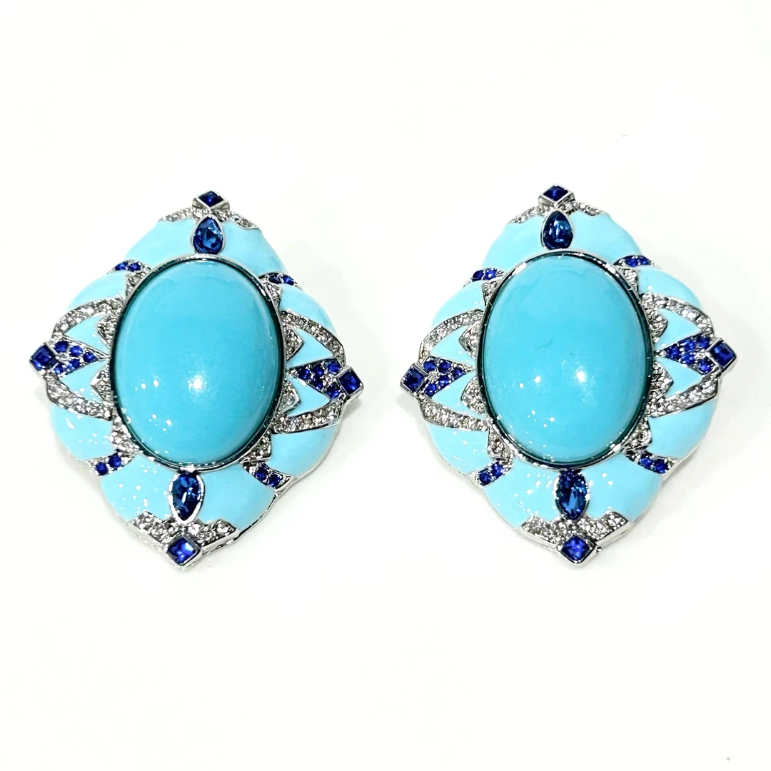 铜合金耳饰 1610西洋中古风vintage复古蓝色油画大耳钉