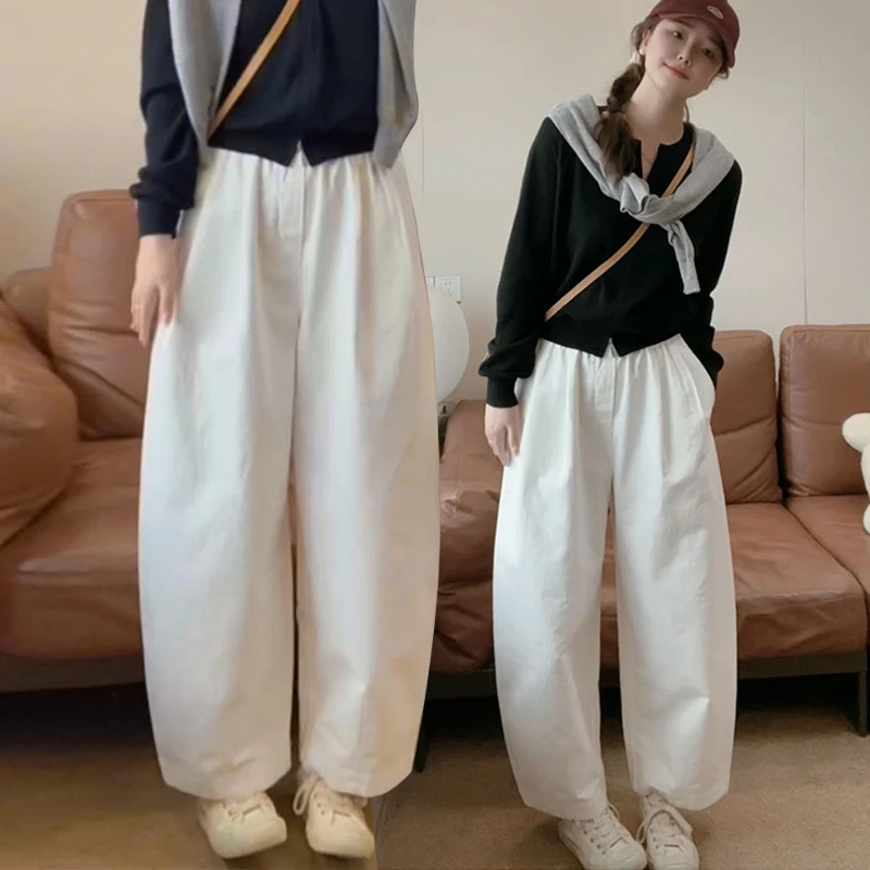 新款宽松白色气球裤阔腿裤女夏季薄款透气抗皱百搭九分裤休闲裤