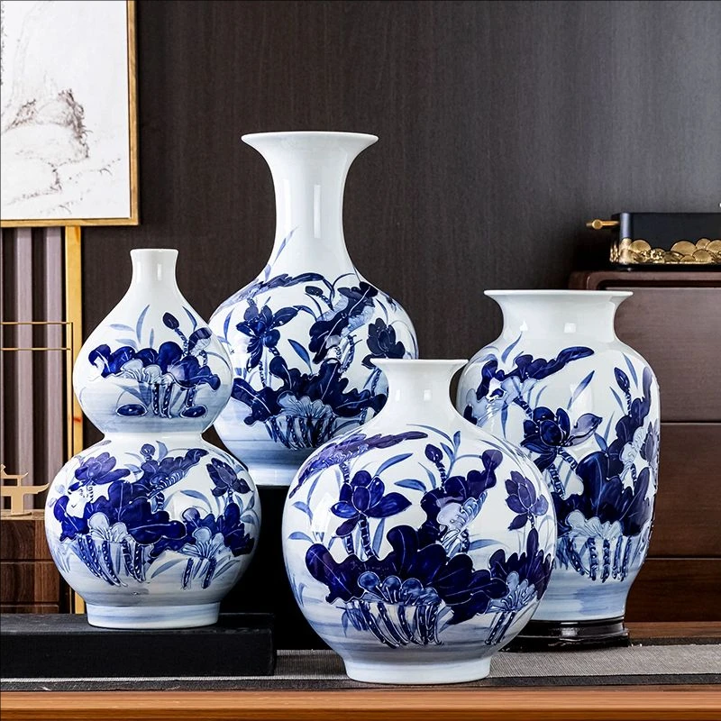 景德镇陶瓷手绘雕刻青花瓷花瓶客厅玄关酒柜电视柜装饰博古架摆件
