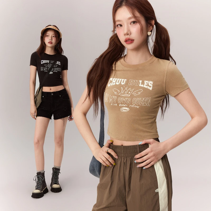 CHUU夏季女装圆领百搭修身款弹性设计感百搭显瘦百搭T恤