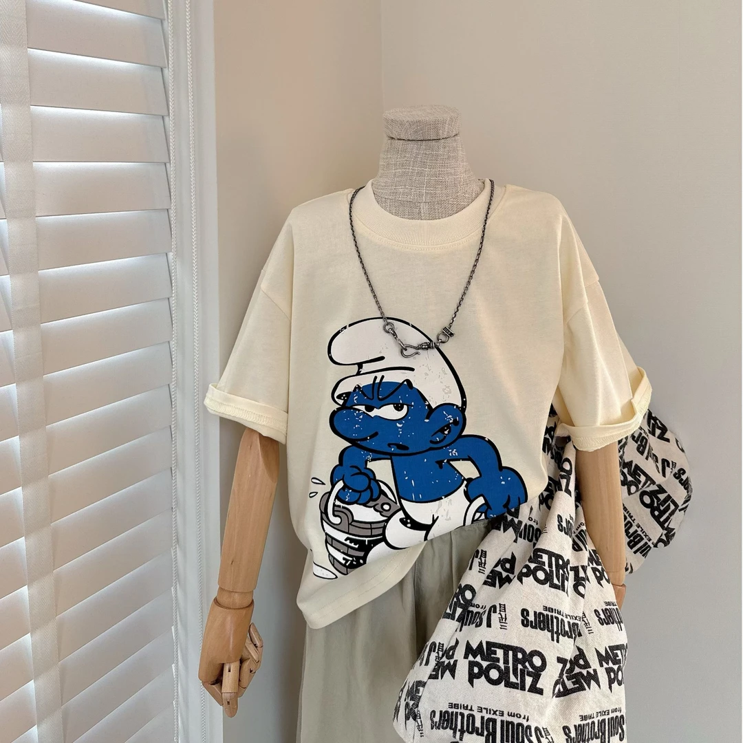 百搭杏色 蓝精灵 儿童夏季短袖 男童 女童 中性T恤 纯棉