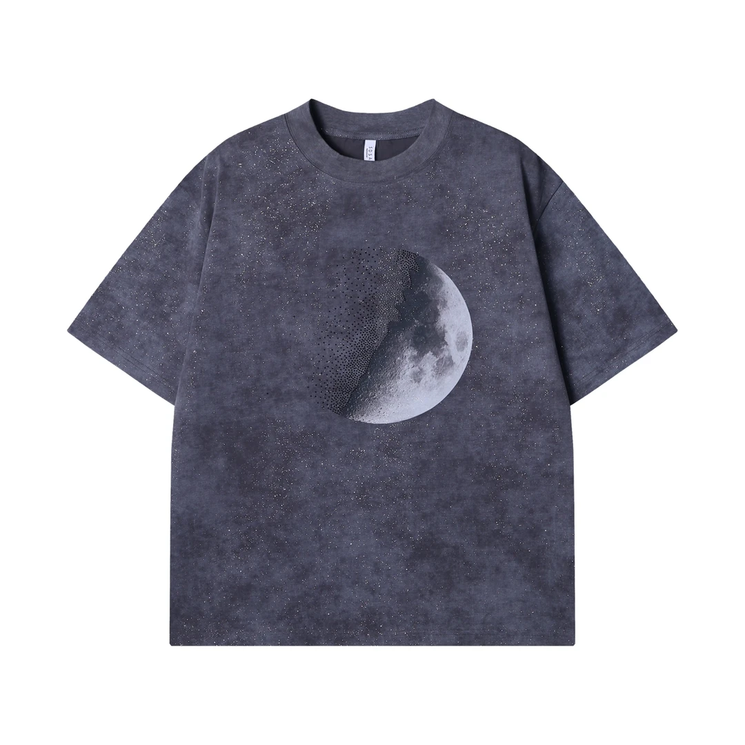 夏季高级感新款韩版扎染烫钻月球圆领短袖T恤百搭宽松高街上衣