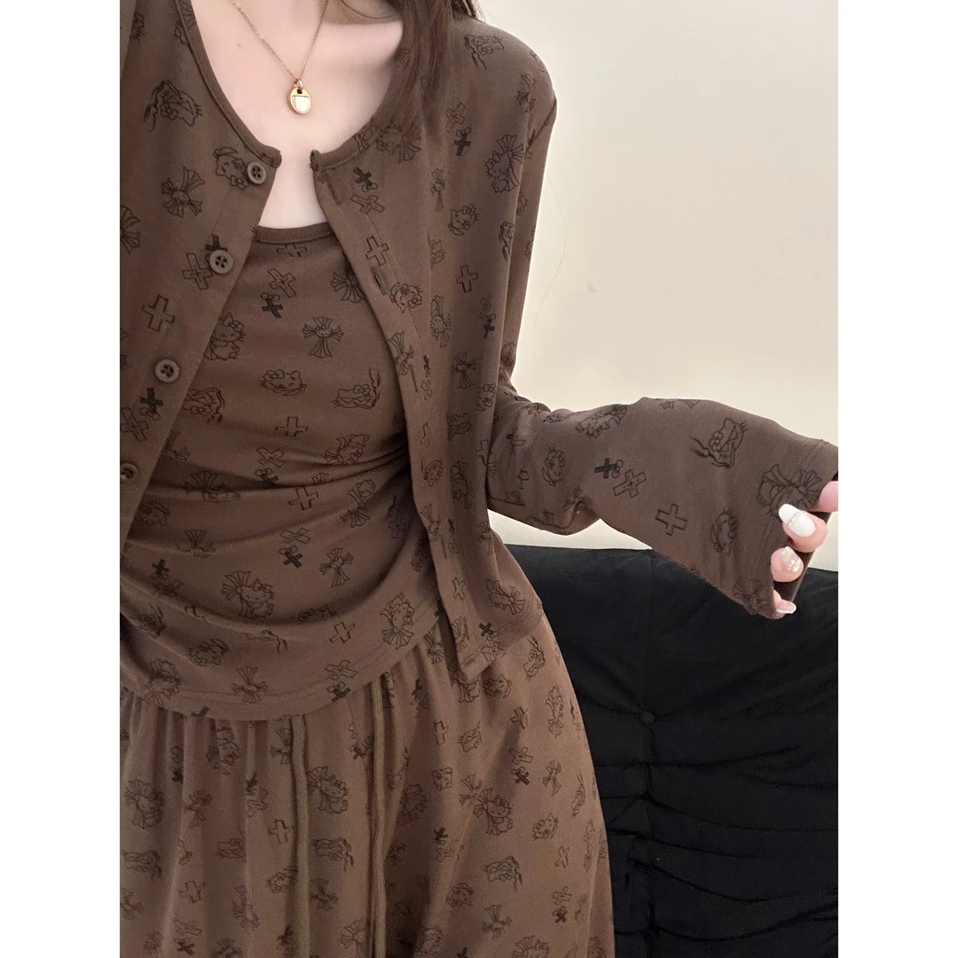 美拉德穿搭可爱kitty猫印花吊带睡衣女春秋季长袖长裤家居服套装