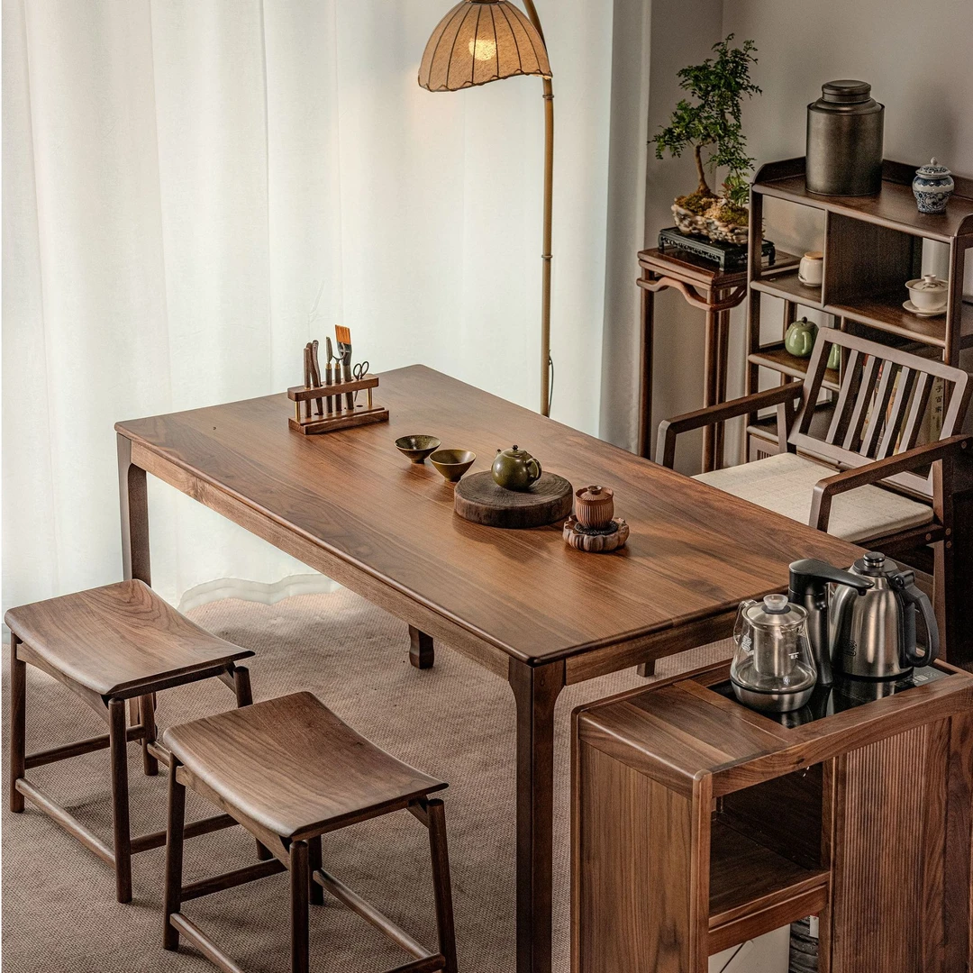 【北美黑胡桃木】①新中式茶桌套装阳台干泡桌家用茶空间搭配桌椅凳