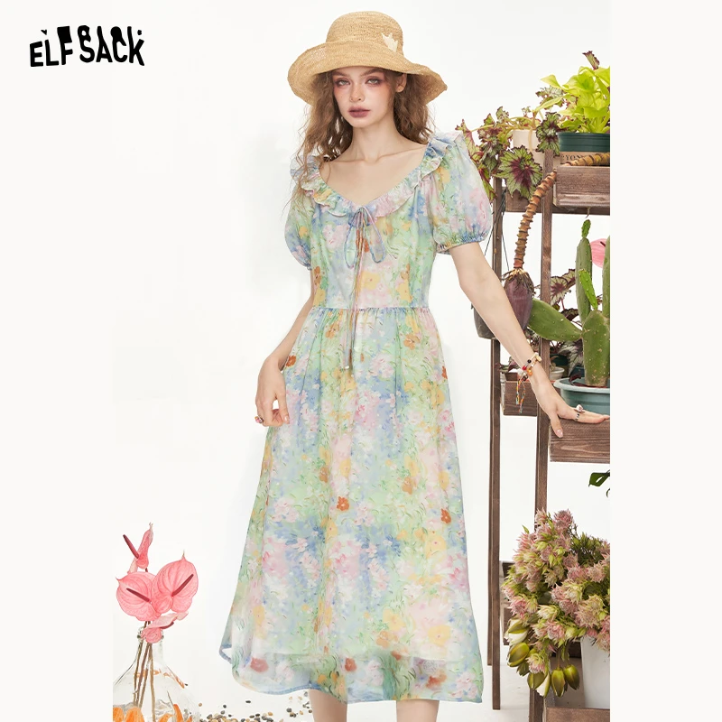 妖精的口袋夏日缤纷碎花连衣裙女2025夏新宽松显瘦度假感穿搭