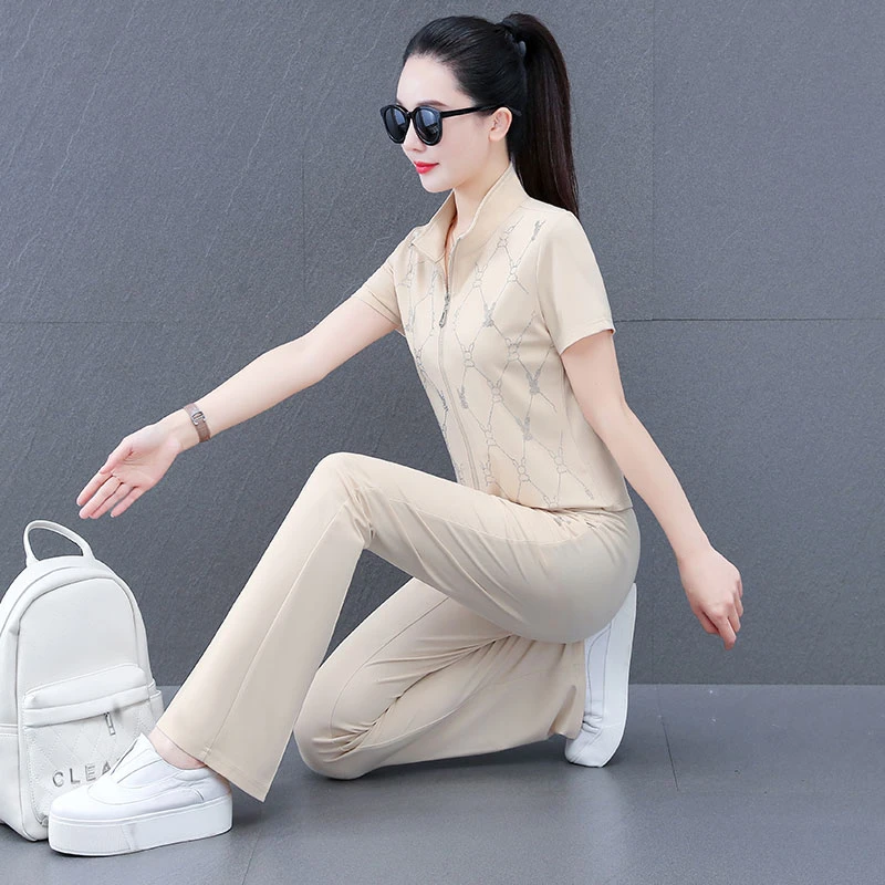 时尚洋气短袖开衫直筒裤休闲套装女夏季新款显瘦减龄运动服两件套
