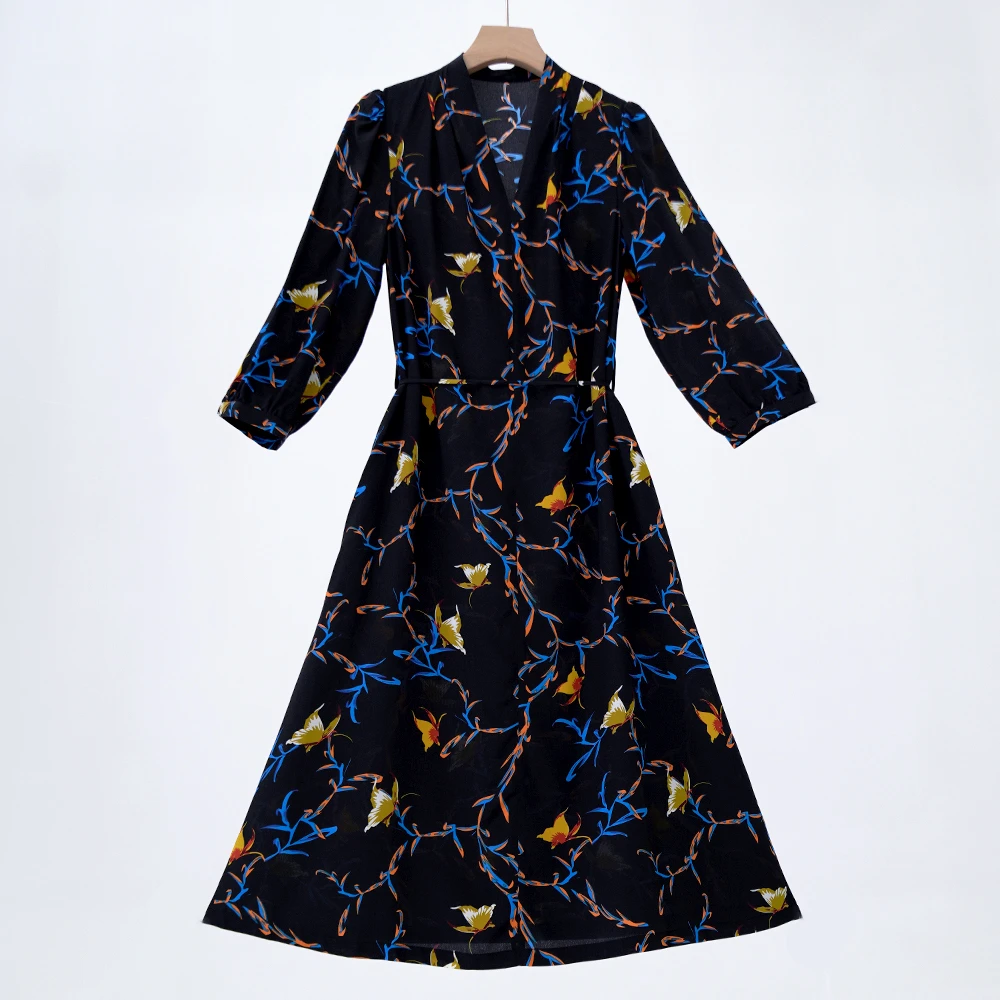 桑蚕丝连衣裙夏季印花气质法式显瘦收腰裙LW 82590087 蝴蝶