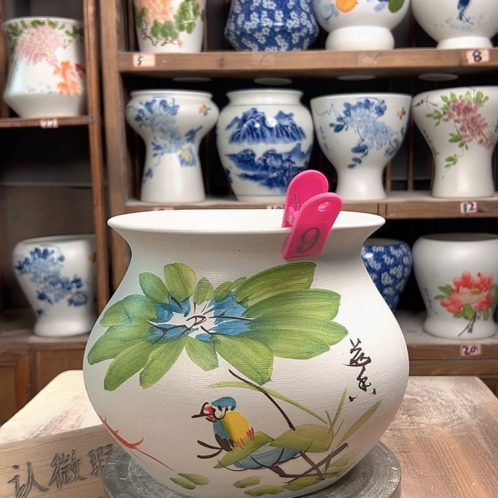 陶钱袋子荷花鸟陶瓷陶瓷陶瓷