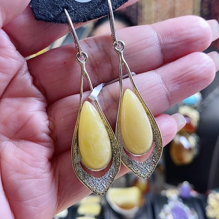 琥珀银S925镶嵌耳饰蜜蜡耳环