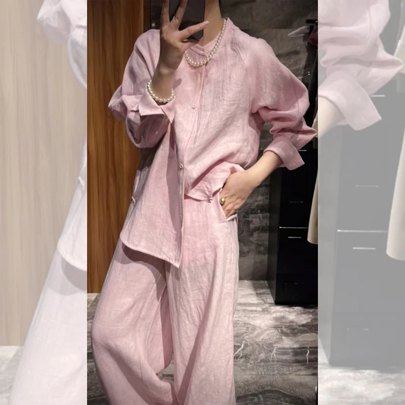法式休闲简约高级感独特亚麻衬衫2025年早春新款设计感阔腿裤套装