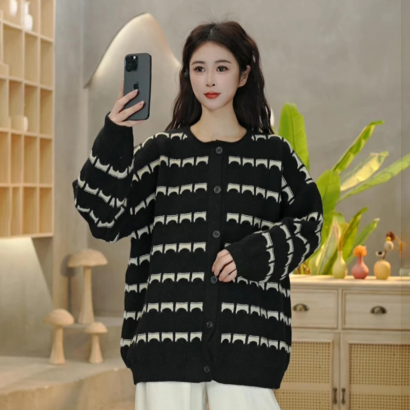 5116 冬季新款慵懒风格子条纹针织毛衣高级感气质宽松百搭上衣
