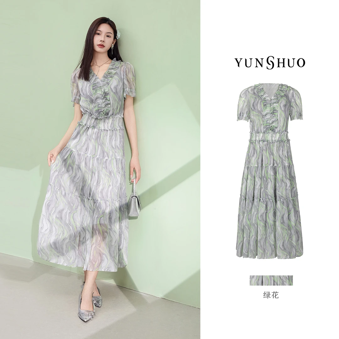 允硕新品时尚百搭气质V领T恤印花气质夏季百搭遮胯连衣裙569373