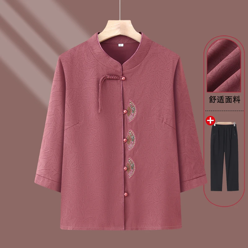 2025新款奶奶舒适时尚春装中老年妈妈装中袖洋气衬衣女中老年春夏