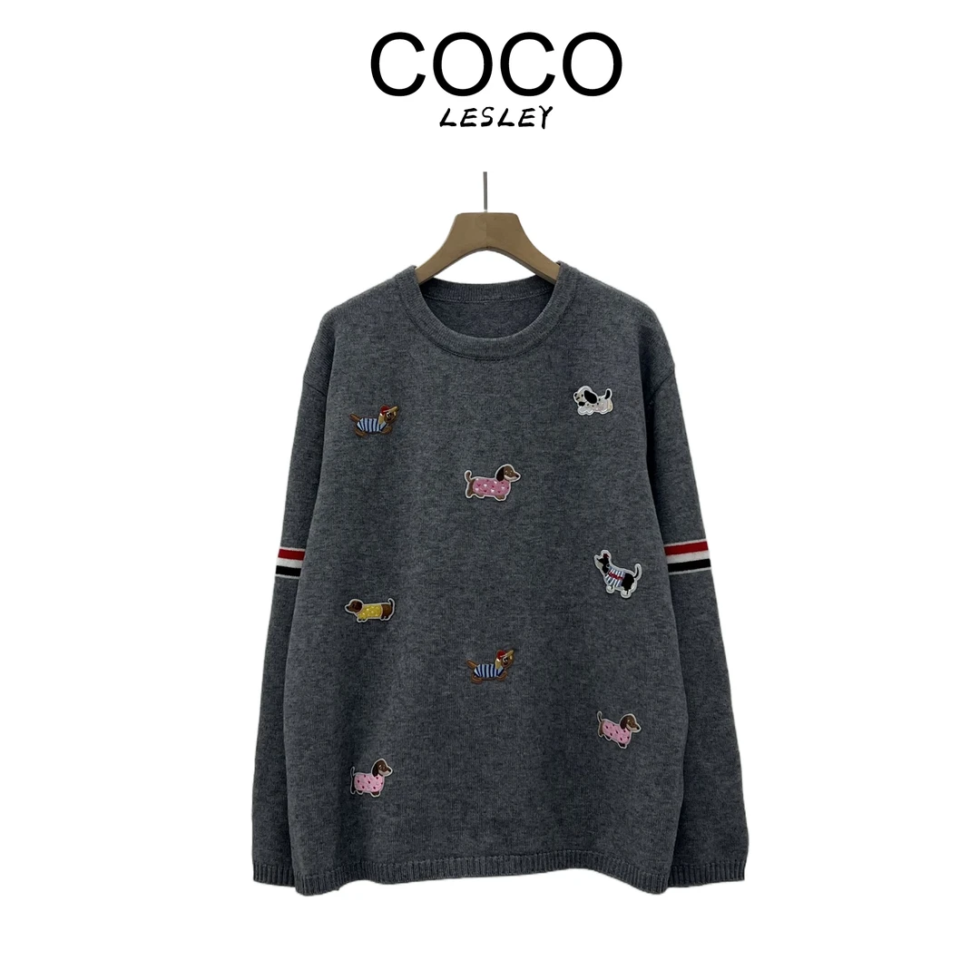 【COCO LESLEY】大牌狗狗贴布绣织带撞色圆领套头长袖针织衫毛衣